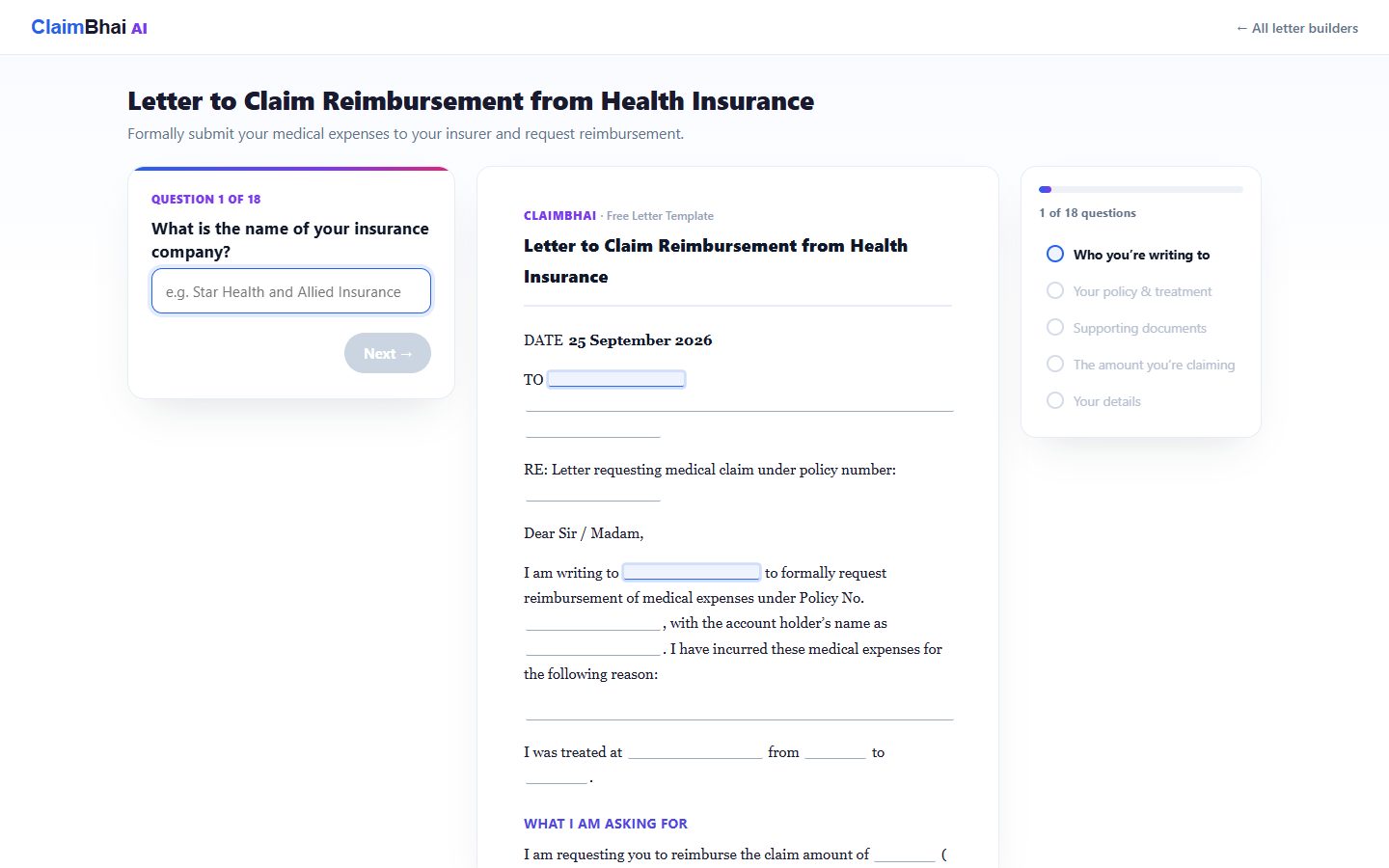 ClaimResolveAI Guided Letter Builder filling in a health insurance reimbursement letter live, question 1 of 18
