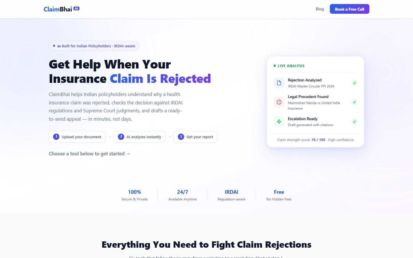 ClaimResolveAI (ClaimBhai AI) homepage: Get help when your insurance claim is rejected, with the upload, analyze and report steps